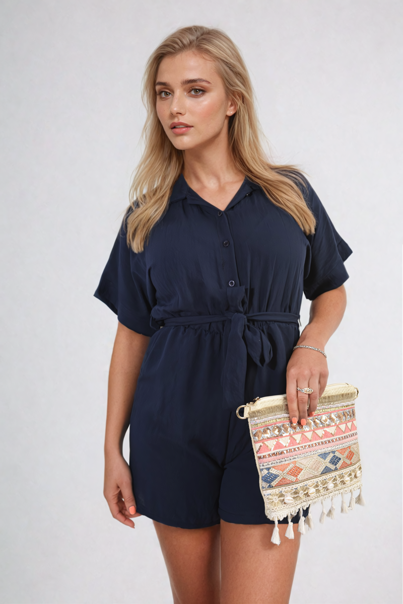 Buttoned Tie Waist Romper