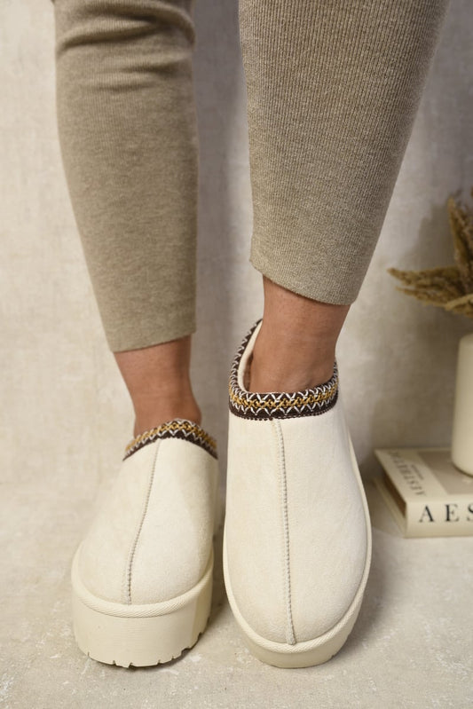 Aztec Detail Low Ankle Platform Slipper Boots