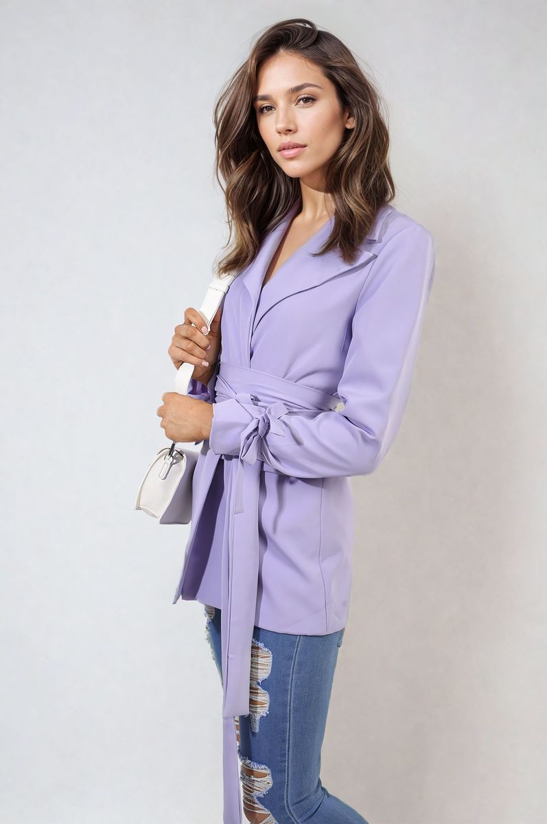 Collared Long Sleeve V-Neck Belted Blazer Jacket