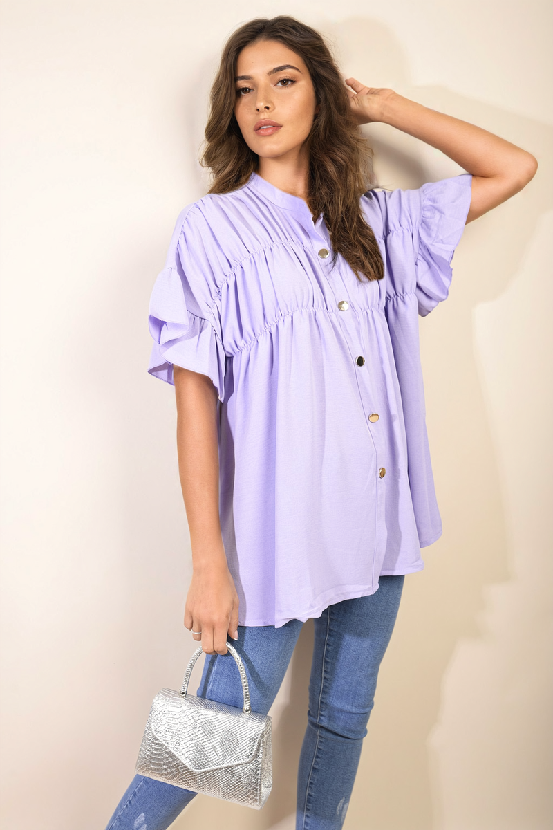 Button Down Pleated Frill Tops