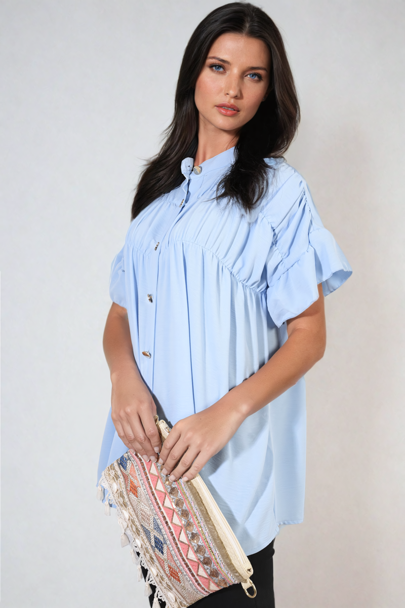 Button Down Pleated Frill Tops