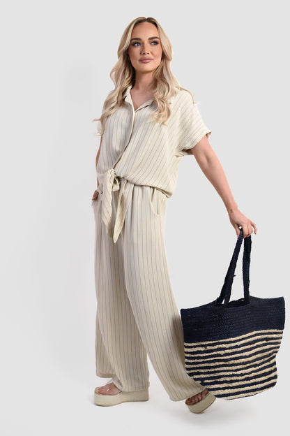 Striped Button Down Tie Front Top and Trouser Co-ord Set